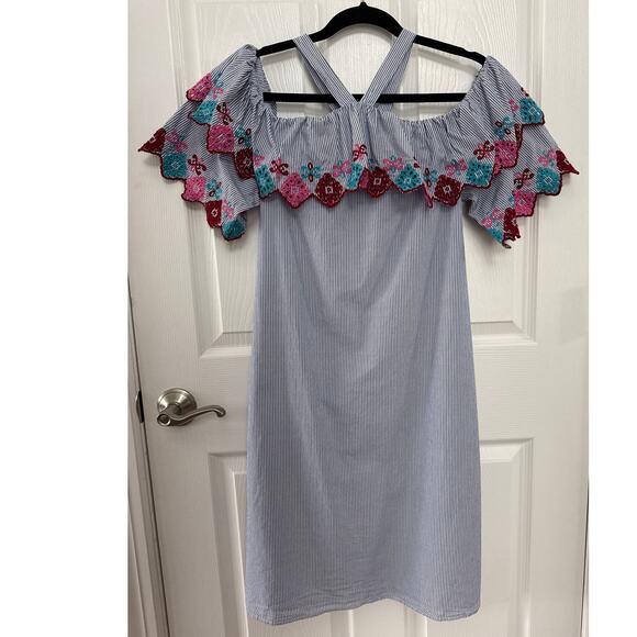 Loft ruffled embroidery off shoulder blue white stiped fiesta halter dress small - Picture 8 of 12
